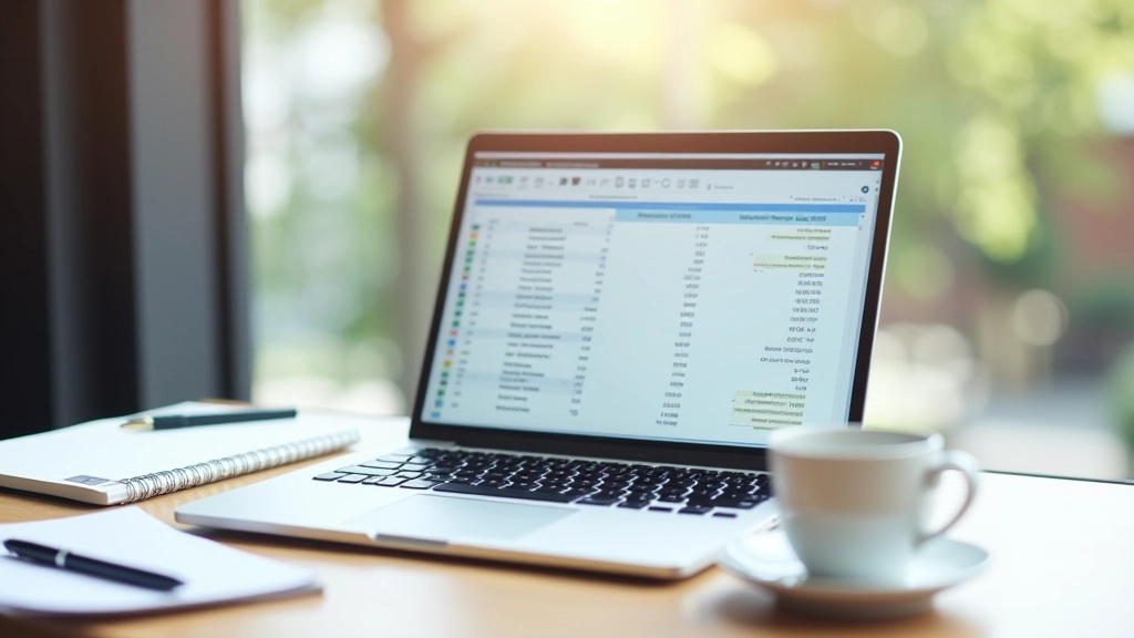 Laptop auf einem Schreibtisch mit Finanzdiagrammen und Notizblock für Budgetplanung