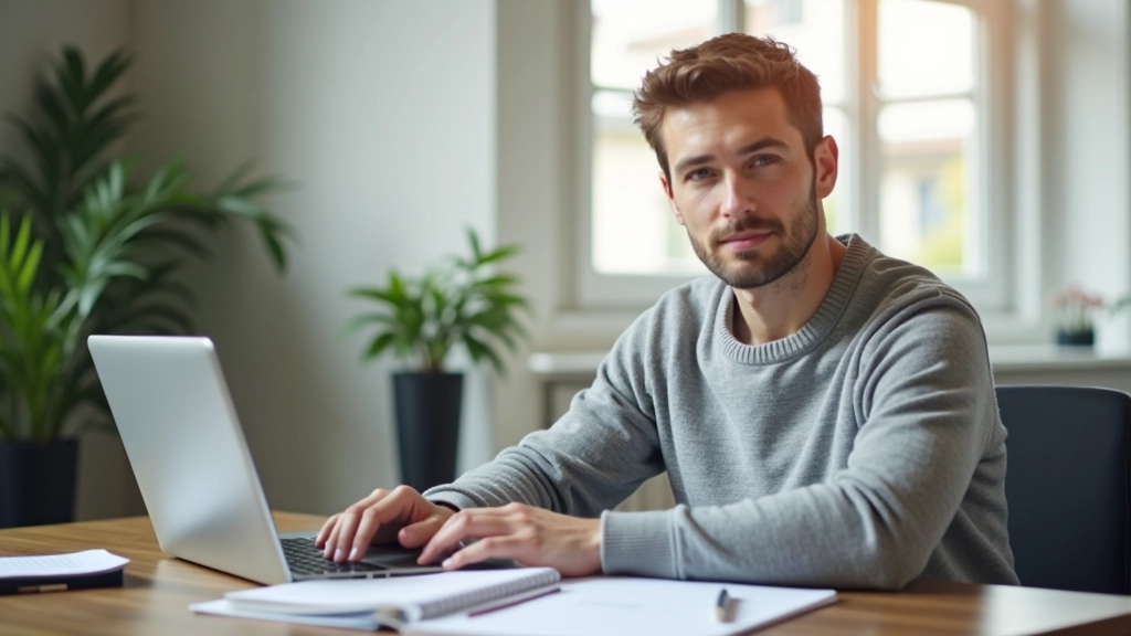 Person sitzt am Schreibtisch mit Laptop, plant Finanzbudget und Sparplan mit Notizbuch und Taschenrechner