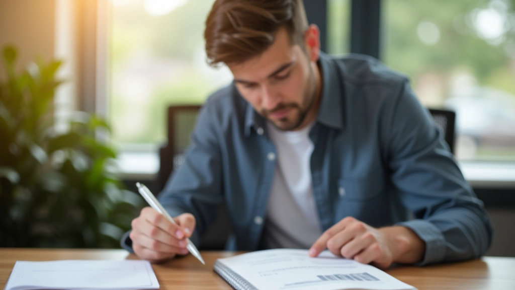Eine Person sitzt am Schreibtisch und betrachtet Kontoauszüge und Sparplan-Notizen